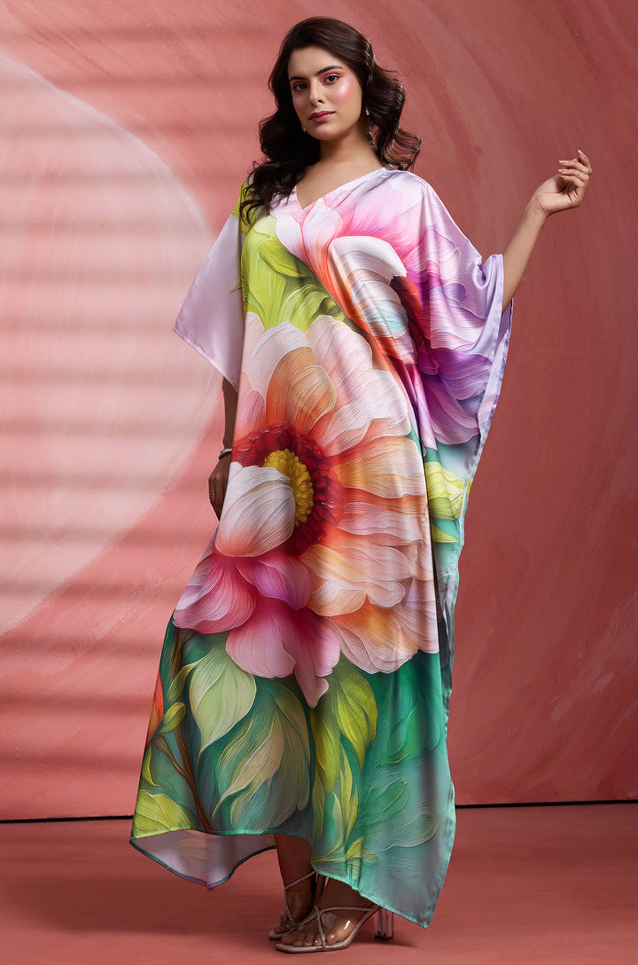 Misty Petals Satin Kaftan - Free Size M-3XL | Label Aarna