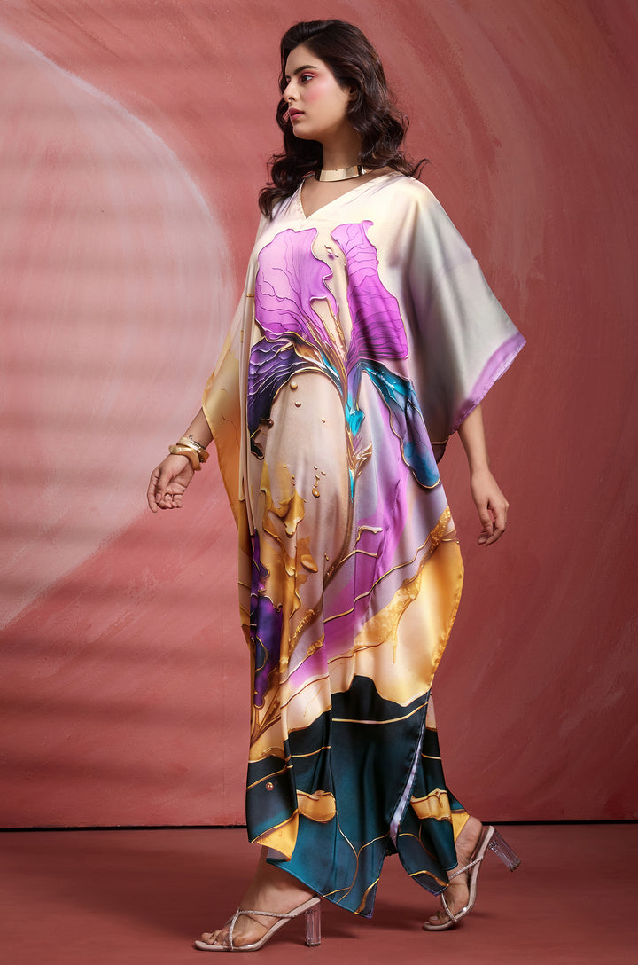 Violet Grace Soft Satin Women Kaftan Dress with Digital Print
