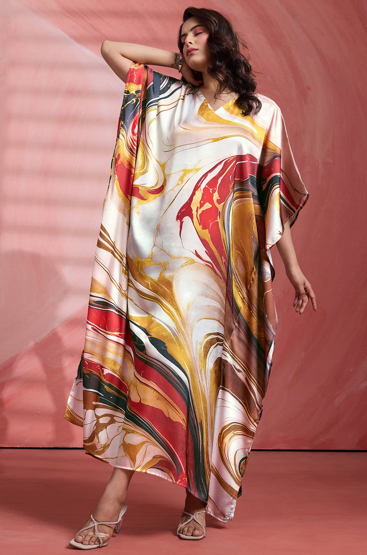 Classic Marble Satin Kaftan - Free Size M-3XL | Label Aarna