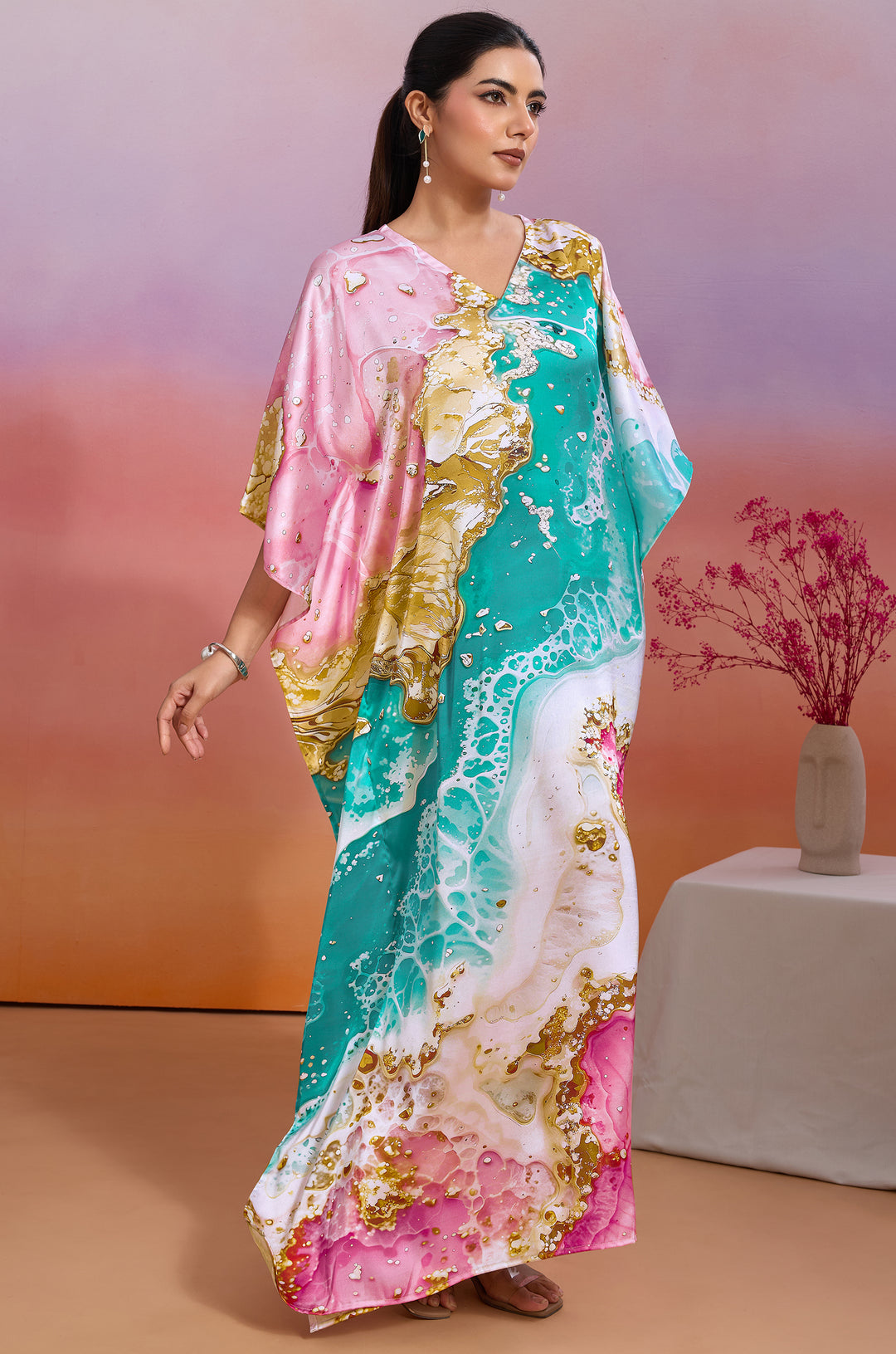 Sorbet Shell Soft Satin Women Kaftan Dress with Digital Print