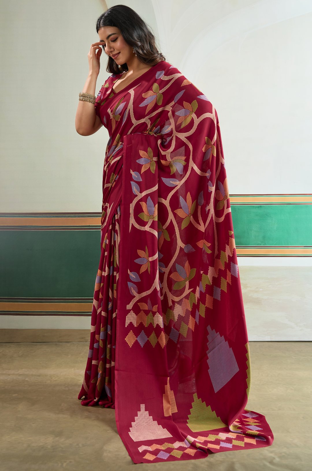 Maroon Vibrant Luxe Digital Ajrakh Print Saree
