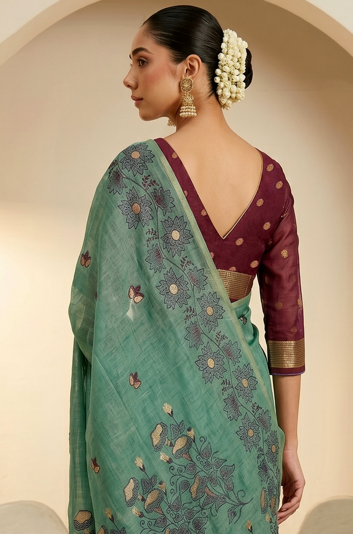 Green Woven Jamdhani Cotton Saree | Madhuban Collection