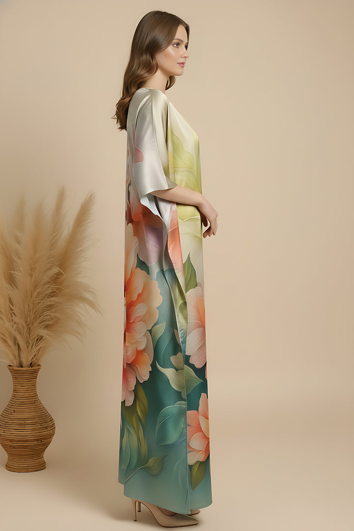 Misty Petals Soft Satin Women Kaftan Dress with Digital Print