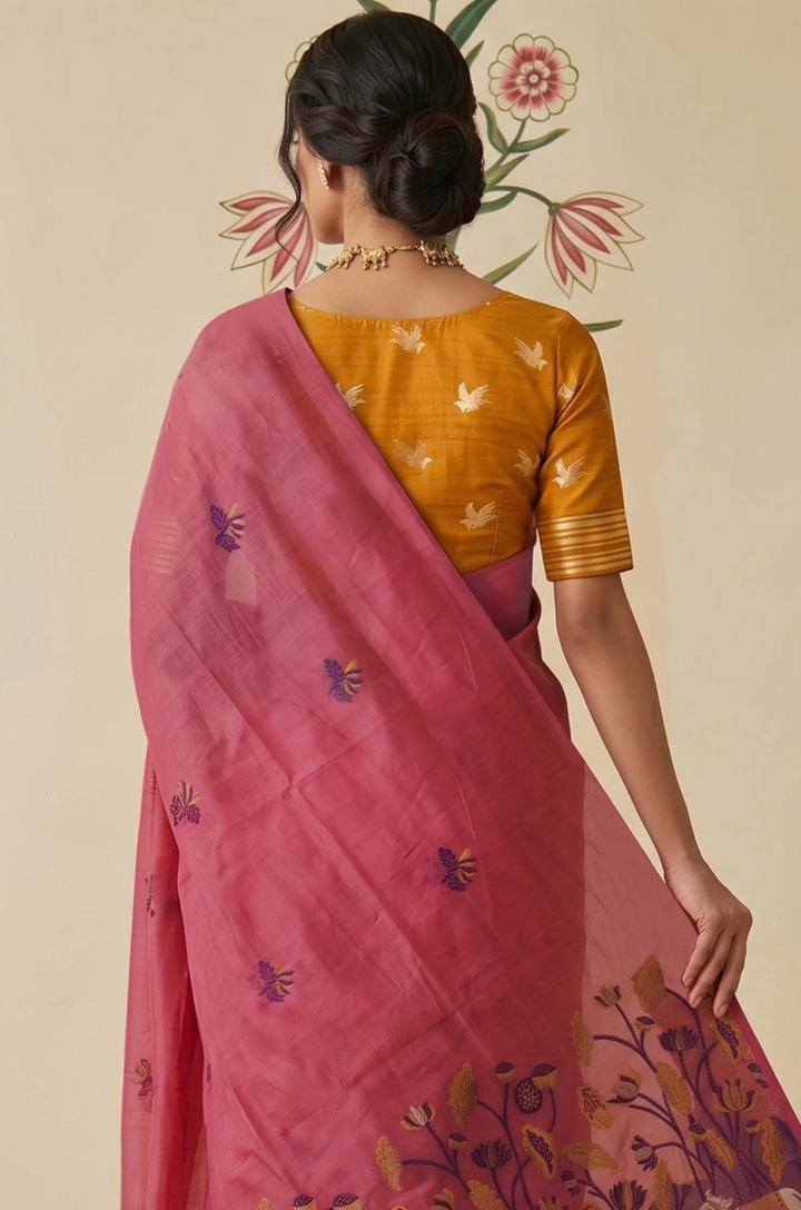 Pink Woven Jamdhani Cotton Saree | Braj Collection