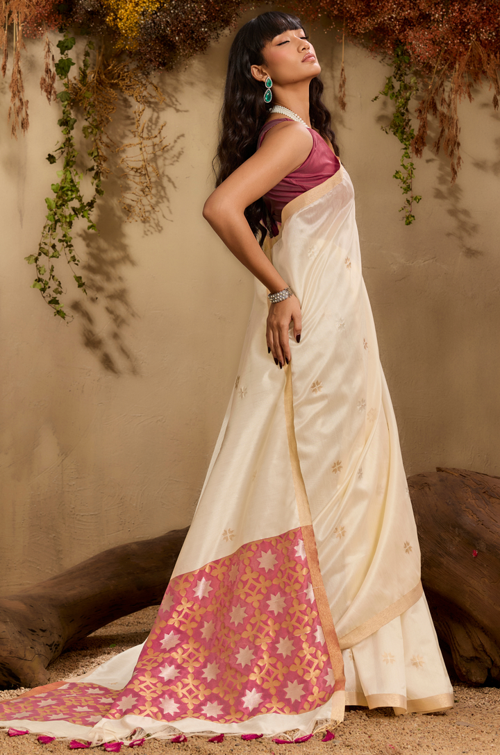Cream Zarina Woven Tusshar Silk Saree