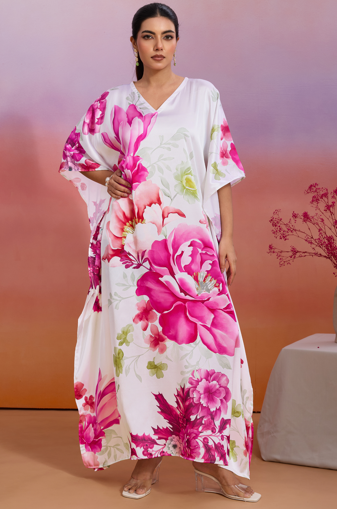 Roselle Glow Soft Satin Women Kaftan Dress with Digital Print