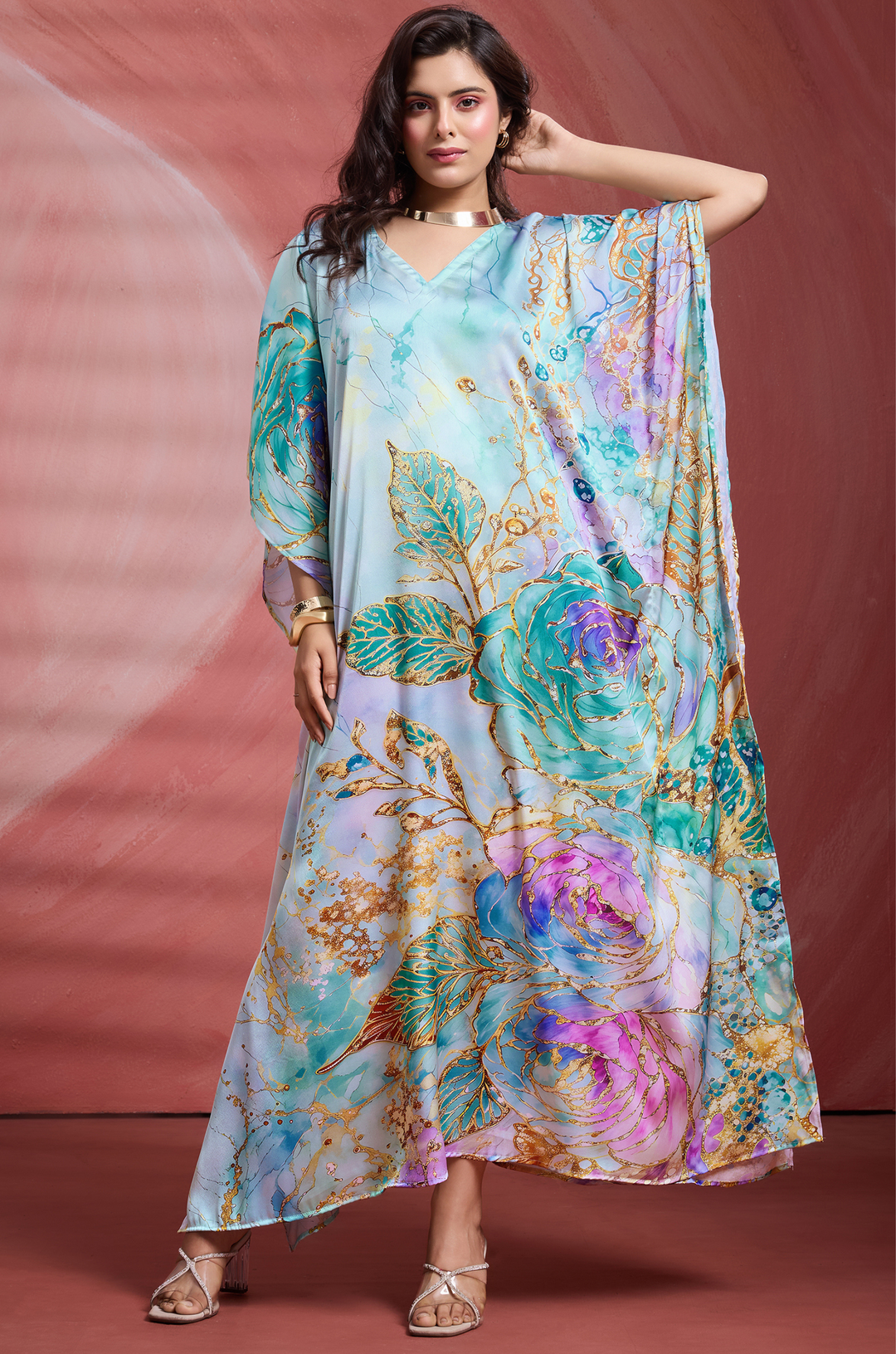 Aqua Garden Satin Kaftan - Free Size M-3XL | Label Aarna
