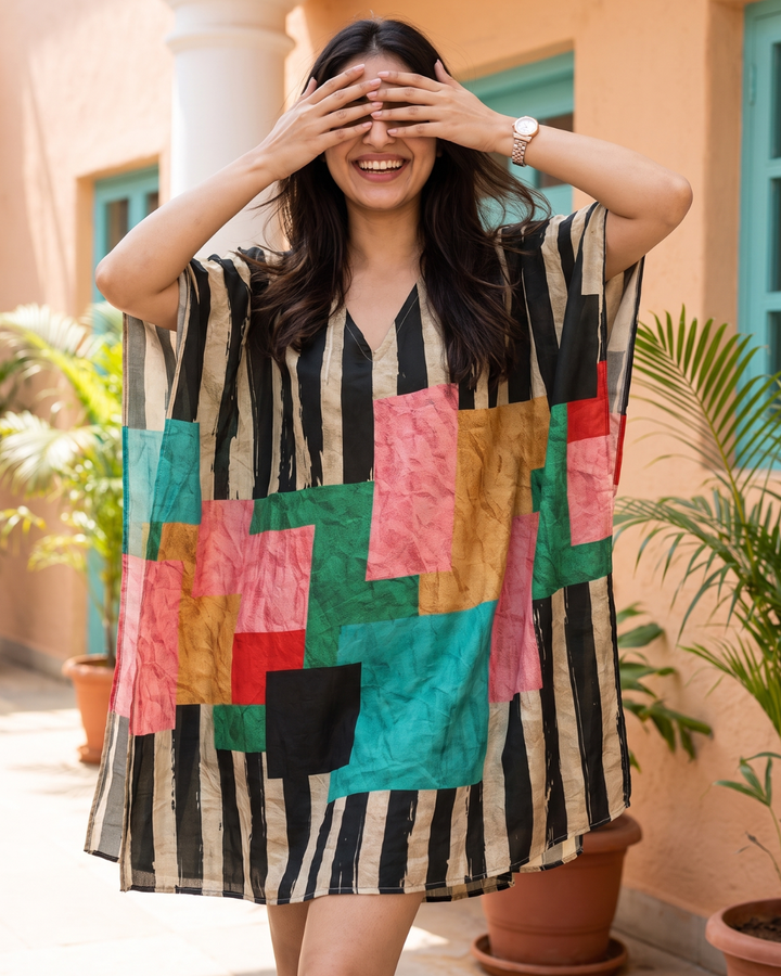 Mosaic Muslin Cotton Short Kaftan Dress
