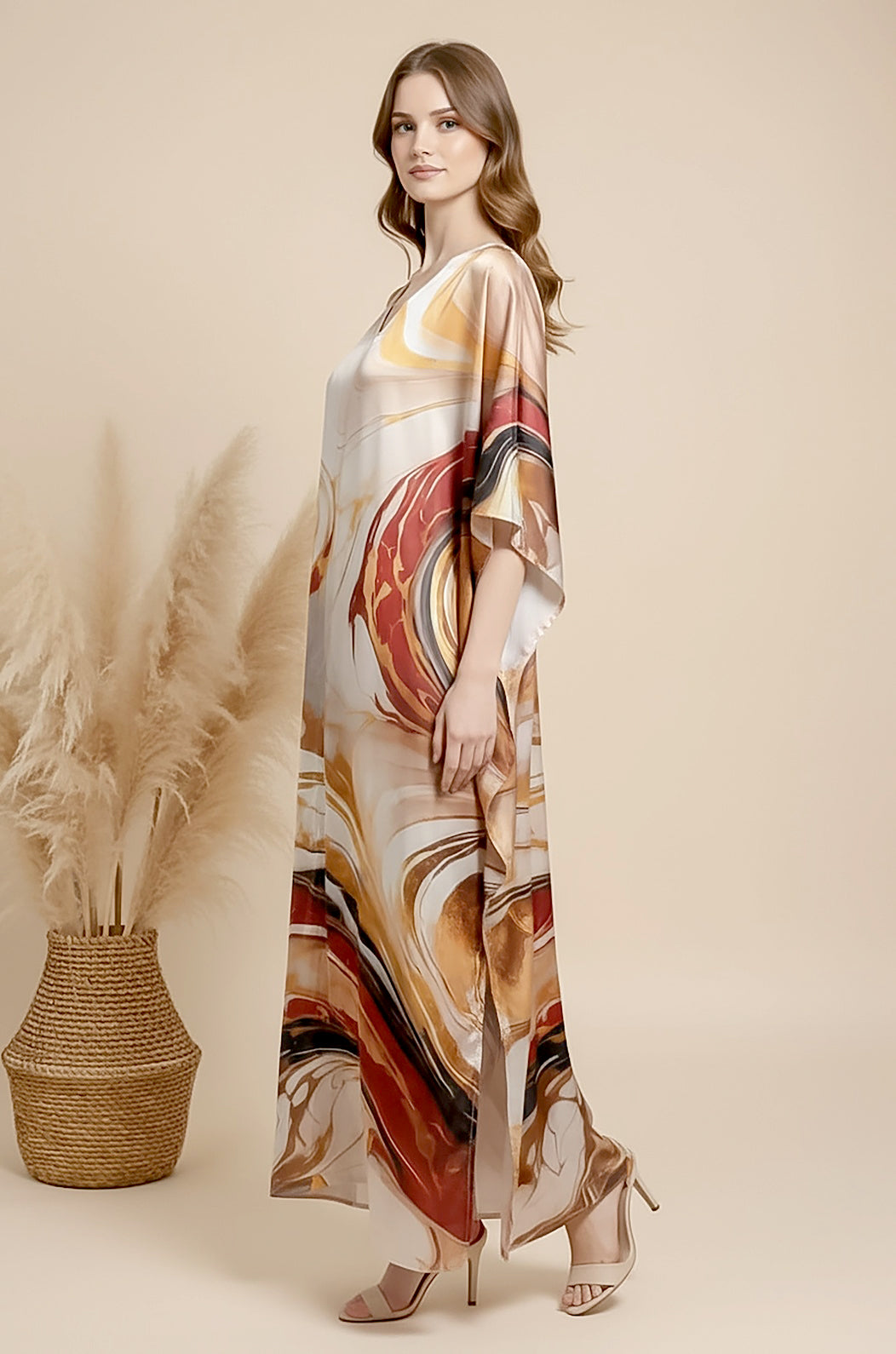 Classic Marble Soft Satin Women Kaftan Dress with Digital Print