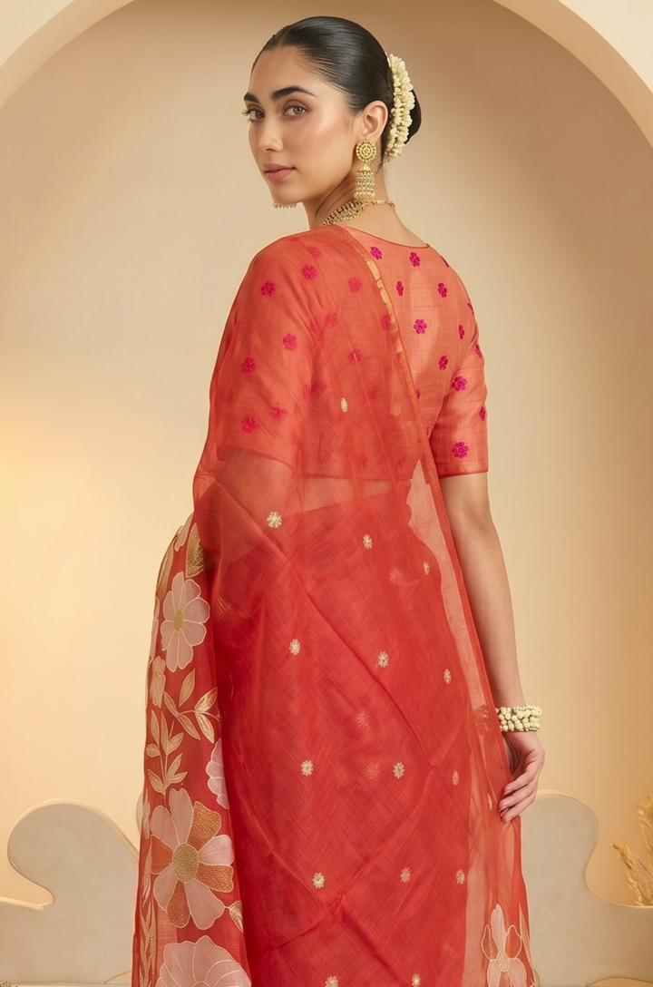 Red Woven Jamdhani Cotton Saree | Madhuban Collection