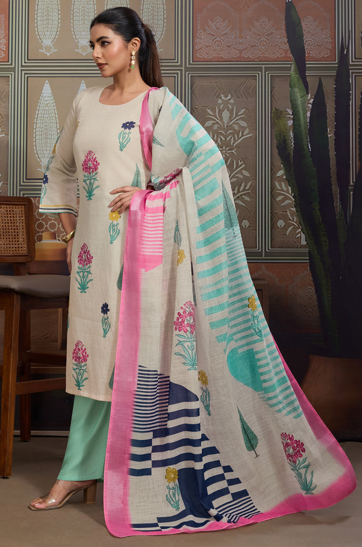 Floral Pop Linen Cotton Women Suit Set with Digital Print Dupatta