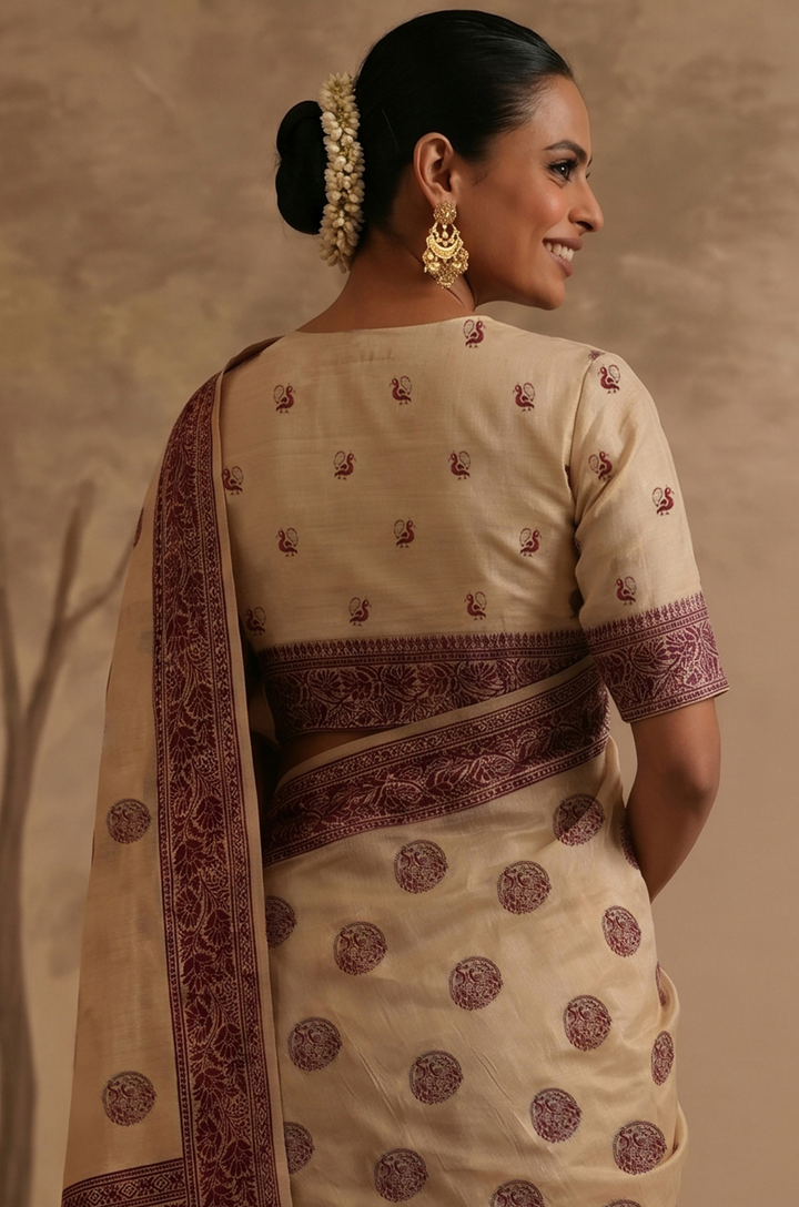 Wine Woven Jamdhani Cotton Saree | Sutra Collection