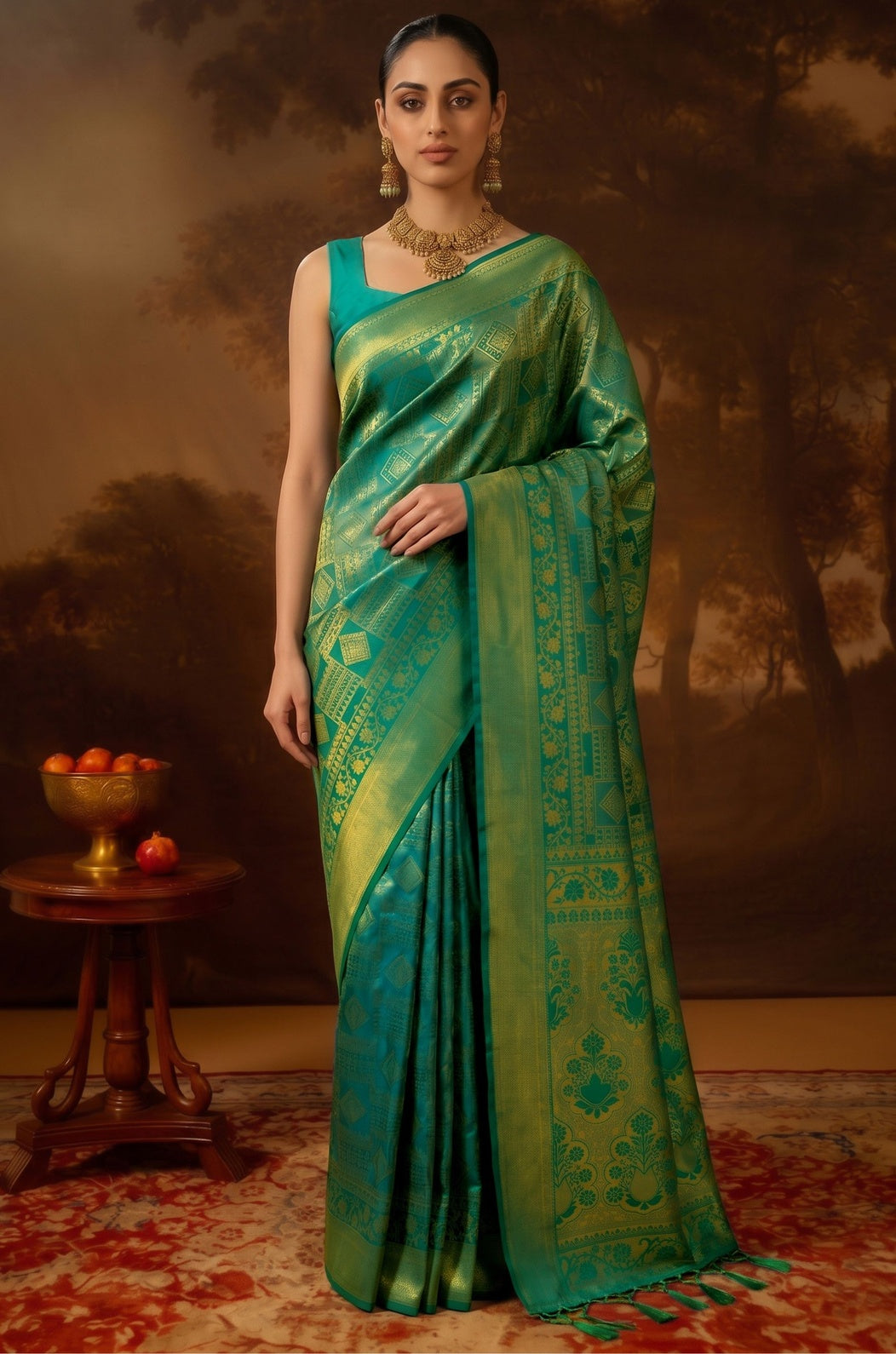 Emerald Green Kanjivaram Woven Silk Saree | Vastra Collection
