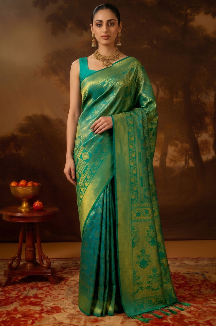 Emerald Green Kanjivaram Woven Silk Saree | Vastra Collection