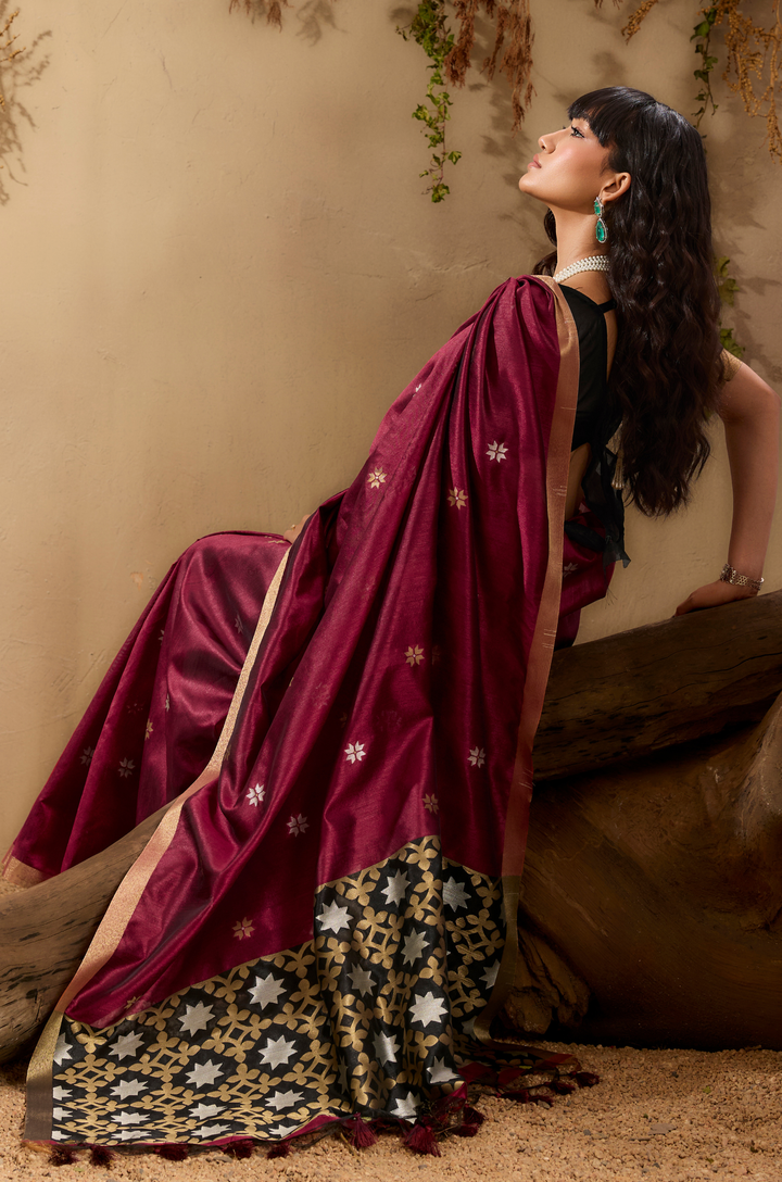 Maroon Zarina Woven Tusshar Silk Saree
