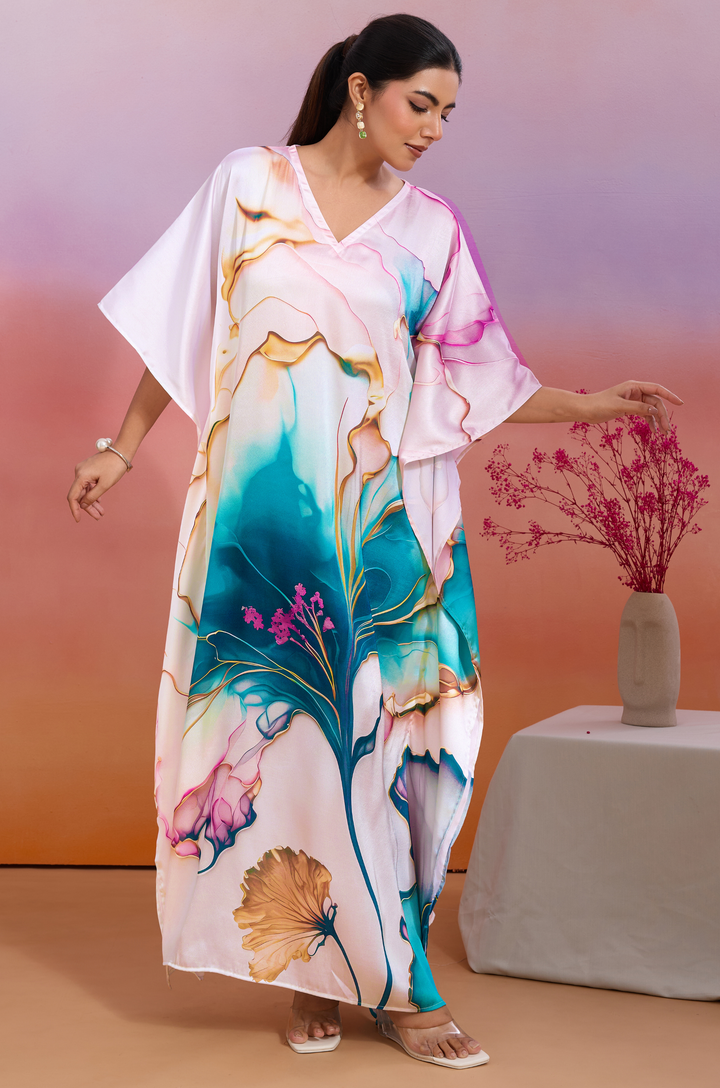 Ocean Tide Soft Satin Women Kaftan Dress with Digital Print