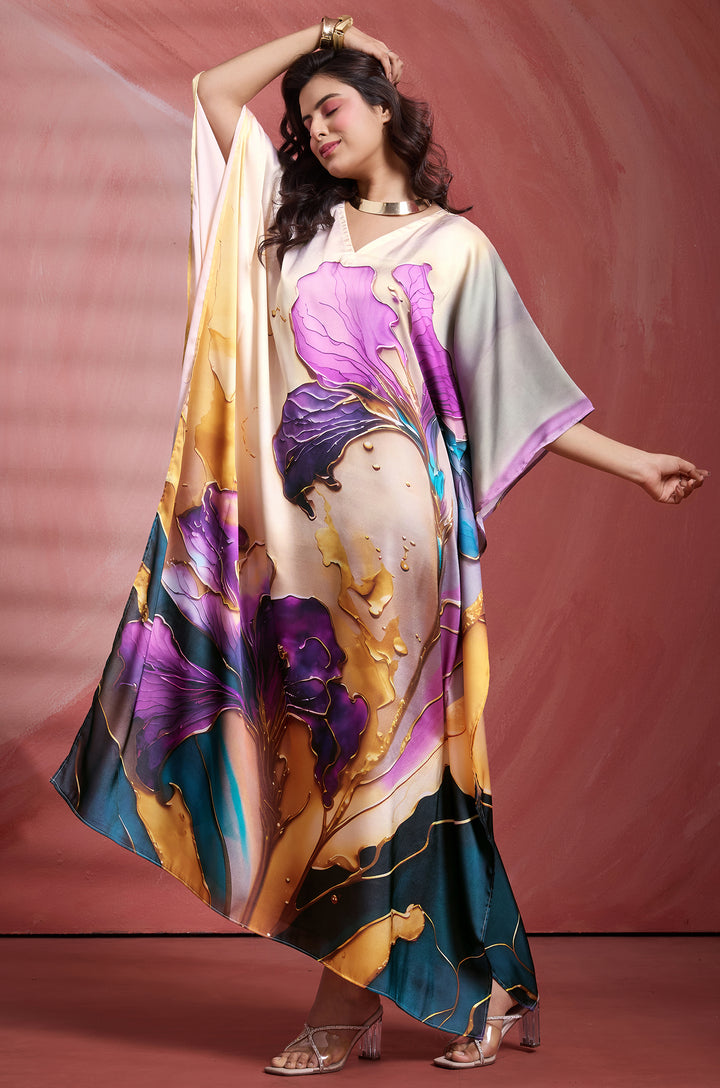 Violet Grace Soft Satin Women Kaftan Dress with Digital Print