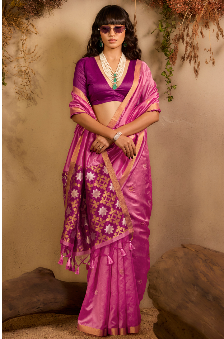 Pink Zarina Woven Tusshar Silk Saree