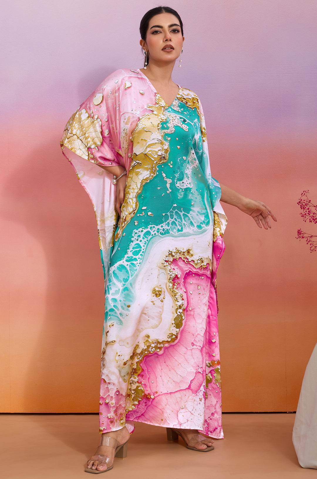 Sorbet Shell Soft Satin Women Kaftan Dress with Digital Print
