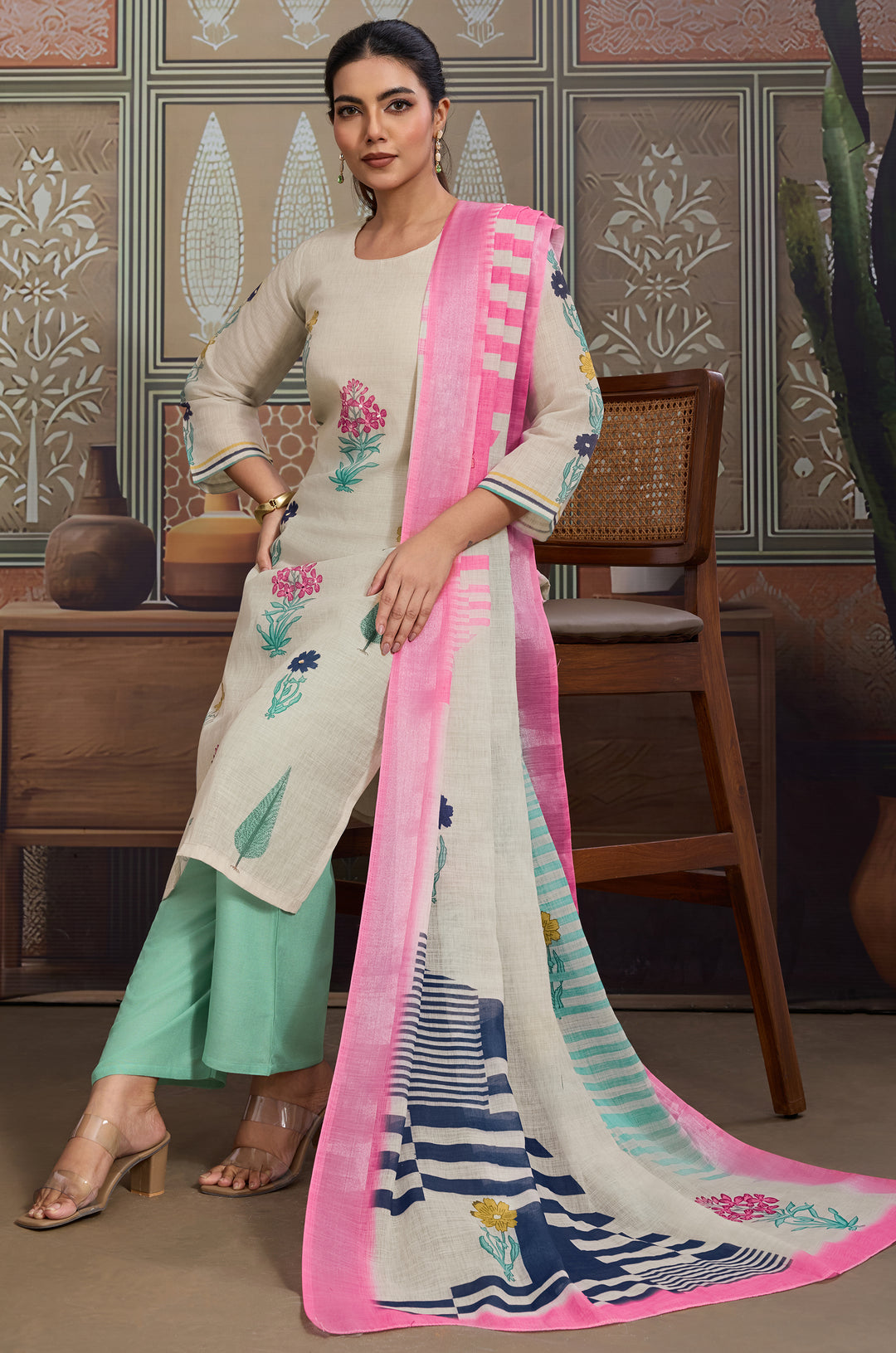 Floral Pop Linen Cotton Women Suit Set with Digital Print Dupatta