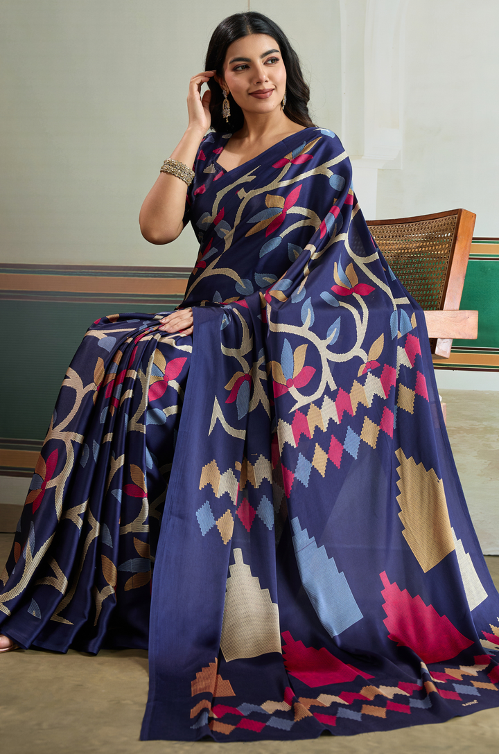 Navy Blue Vibrant Luxe Digital Ajrakh Print Saree