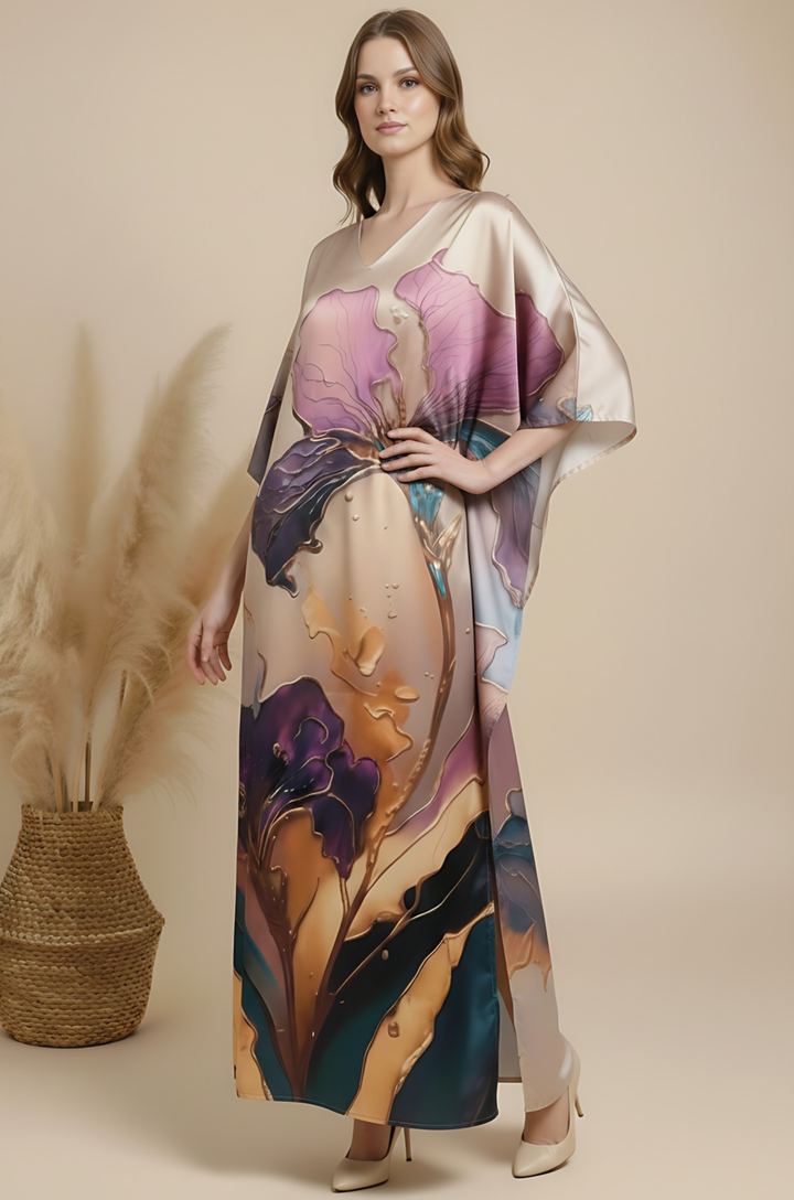 Violet Grace Soft Satin Women Kaftan Dress with Digital Print