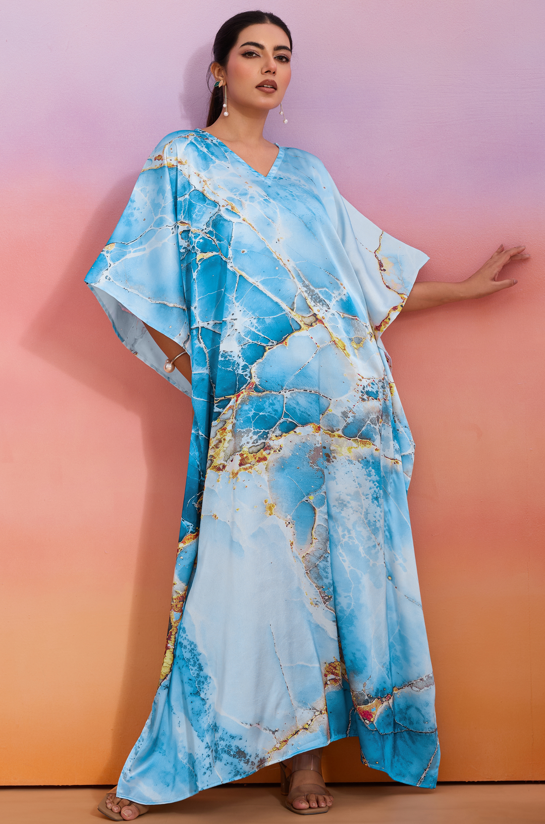 Skyline Marble Soft Satin Women Kaftan Dress with Digital Print