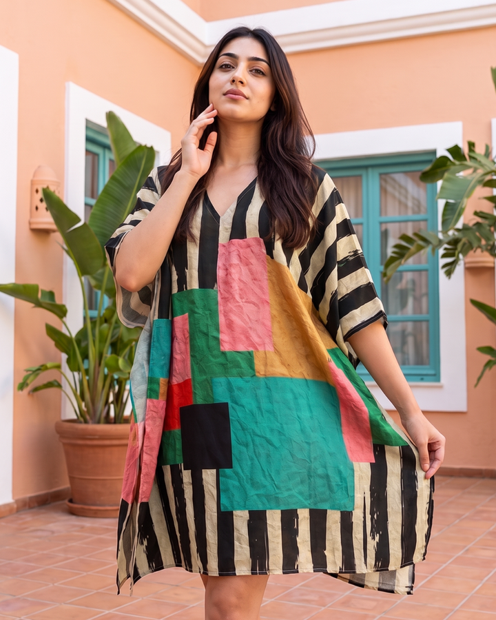 Mosaic Muslin Cotton Short Kaftan Dress