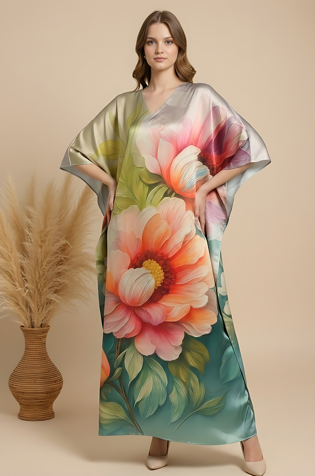 Misty Petals Soft Satin Women Kaftan Dress with Digital Print