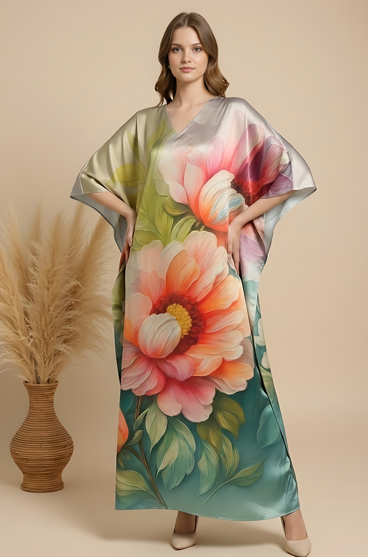 Misty Petals Soft Satin Women Kaftan Dress with Digital Print