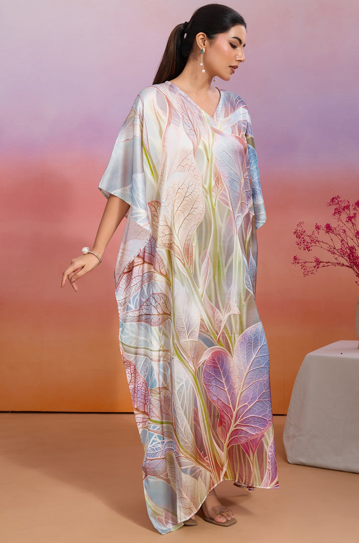 Maple Canopy Soft Satin Women Kaftan Dress with Digital Print