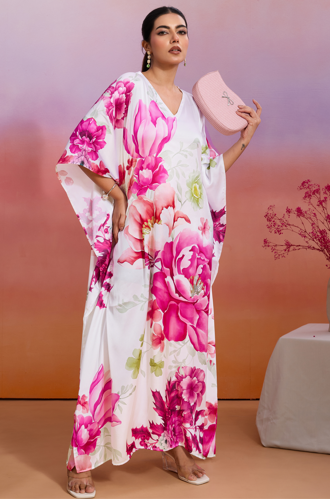Roselle Glow Soft Satin Women Kaftan Dress with Digital Print