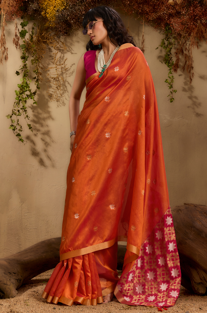 Orange Zarina Woven Tusshar Silk Saree