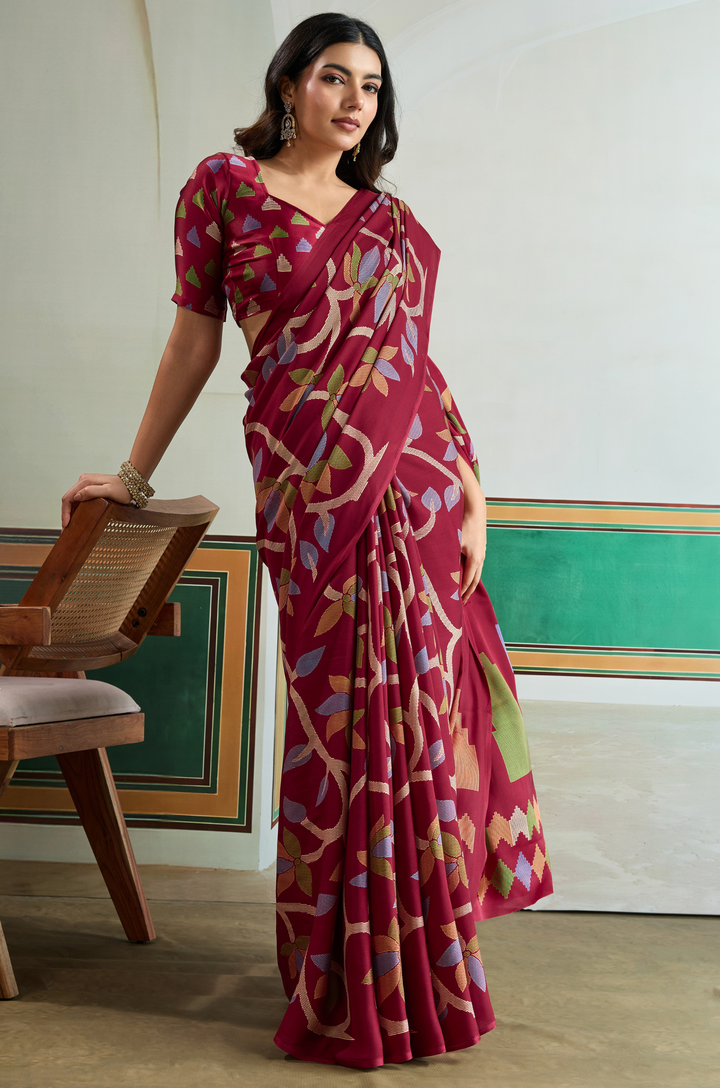 Maroon Vibrant Luxe Digital Ajrakh Print Saree