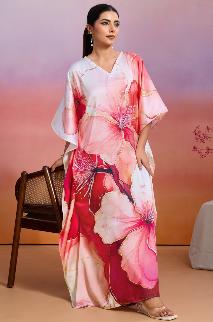 Aloha Bloom Soft Satin Women Kaftan Dress with Digital Print