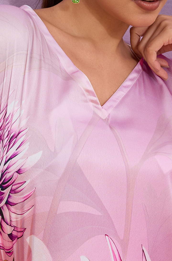 Coral Mist Soft Satin Women Kaftan Dress with Digital Print