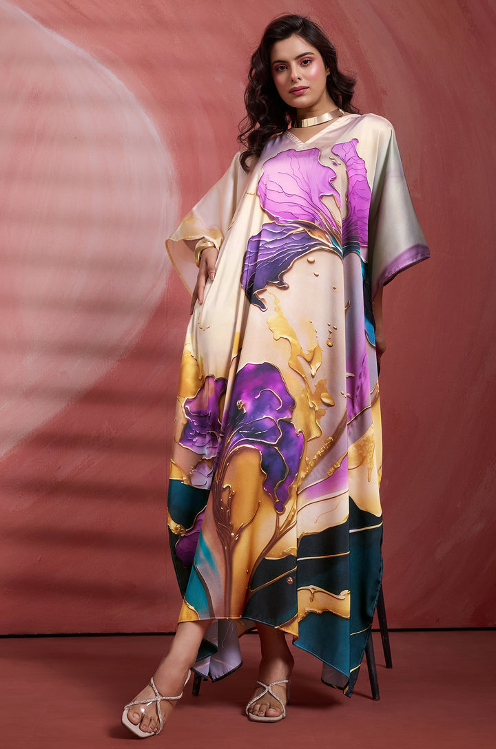 Violet Grace Soft Satin Women Kaftan Dress with Digital Print
