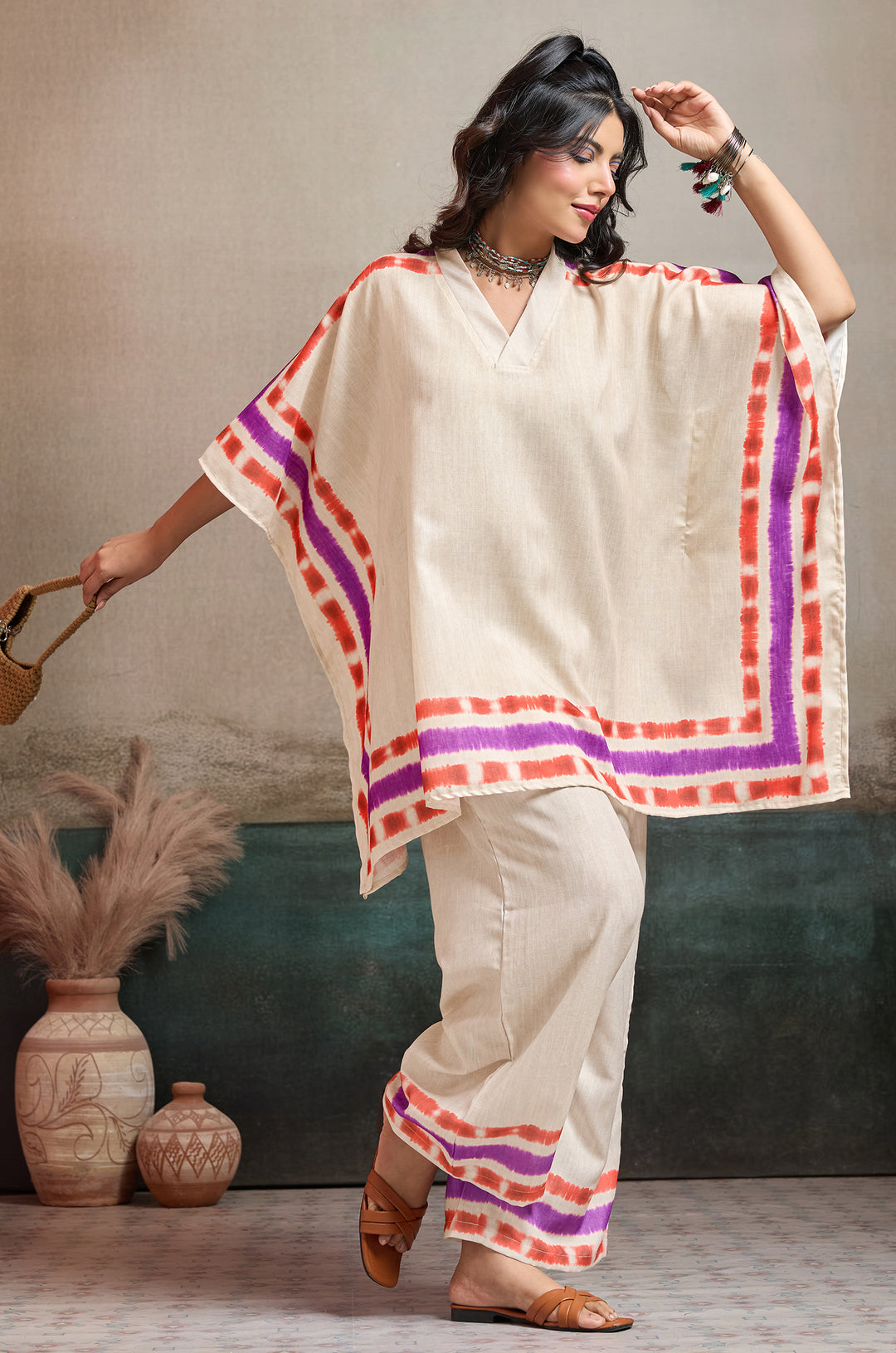 Plum Grid Linen Women Co-ord set with Digital Print