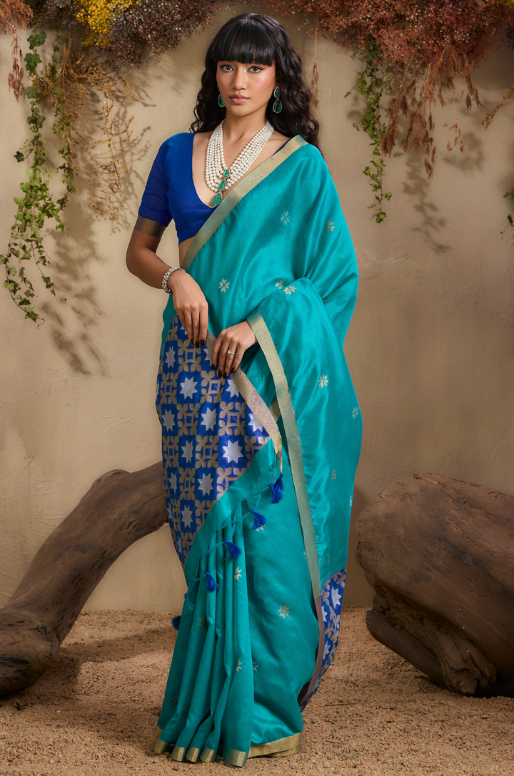 Blue Zarina Woven Tusshar Silk Saree