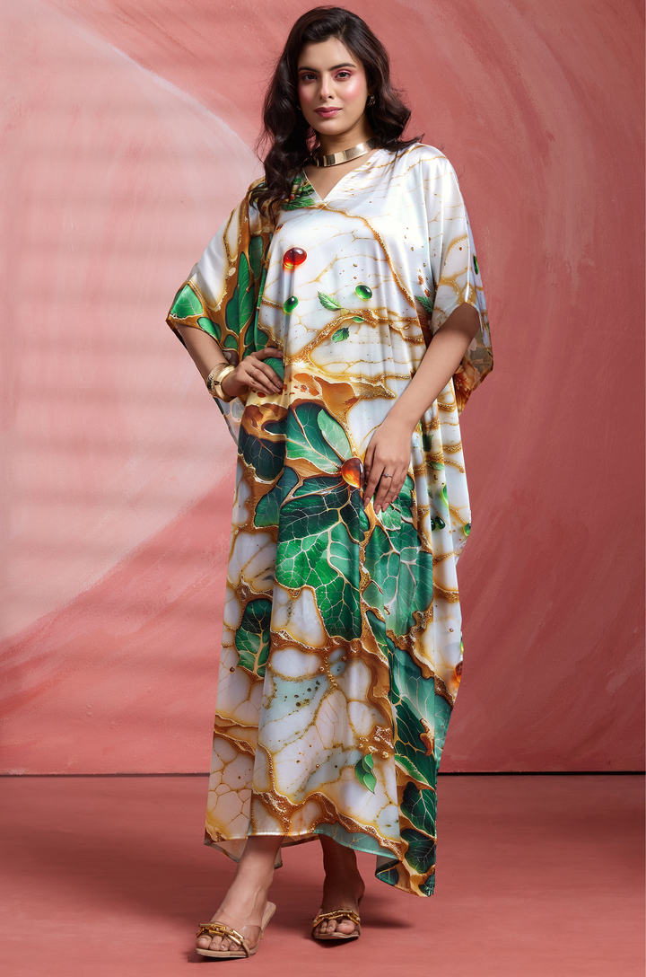 Emerald Marble Long Satin Kaftan Dress - Buy Women Kaftan Online India | Label Aarna