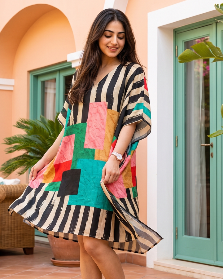 Mosaic Muslin Cotton Short Kaftan Dress
