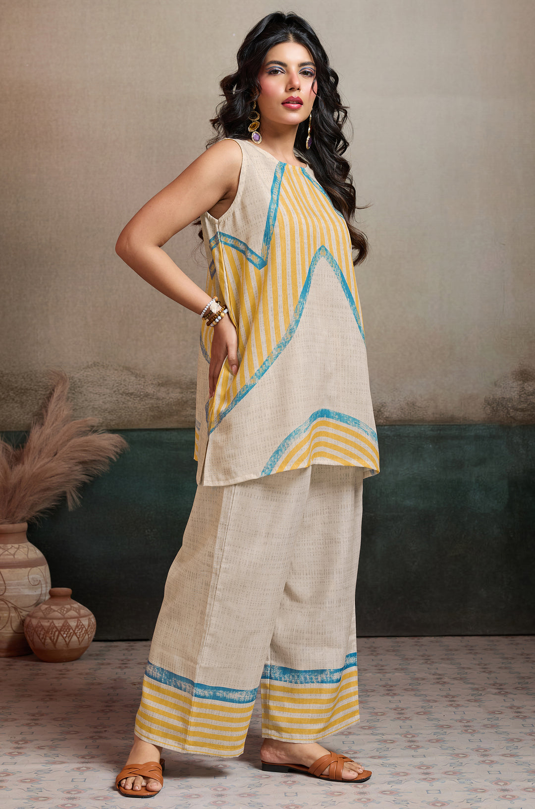 Sunbeam Stripe Linen Women Co-ord set with Digital Print