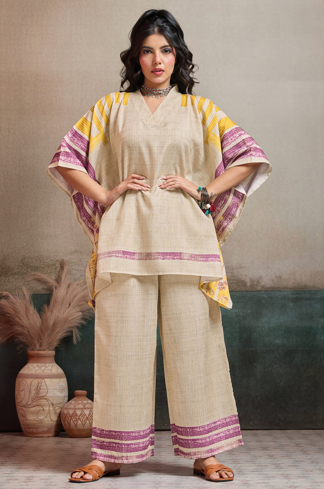 Gold Wine Linen Women Co-ord set with Digital Print