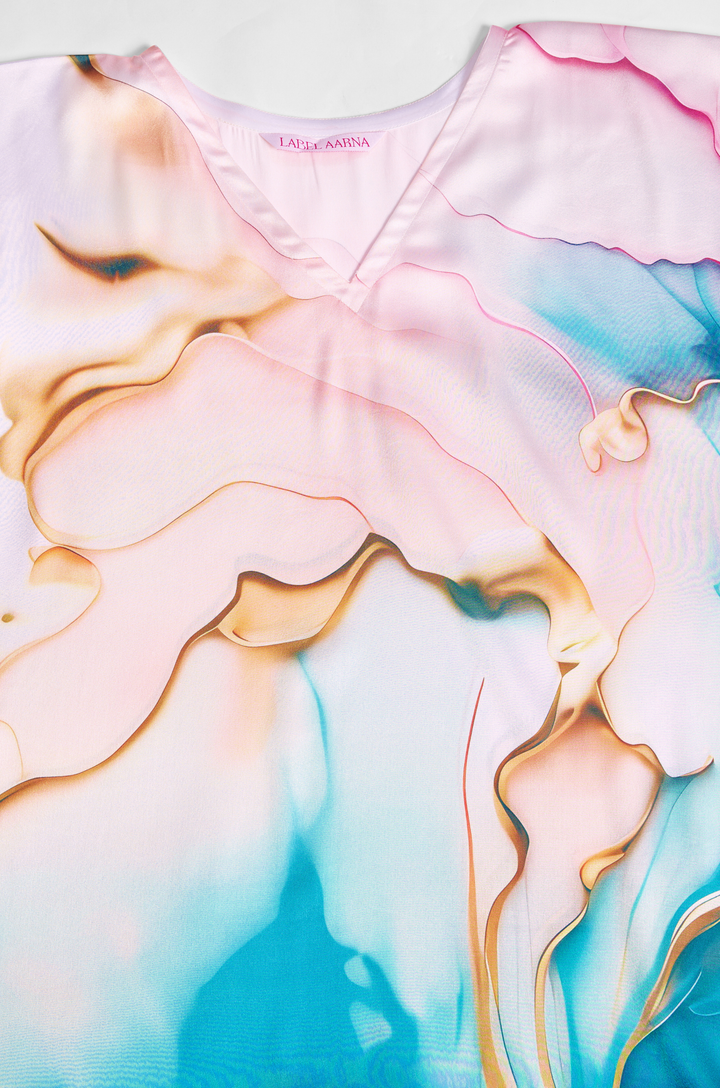 Ocean Tide Soft Satin Women Kaftan Dress with Digital Print