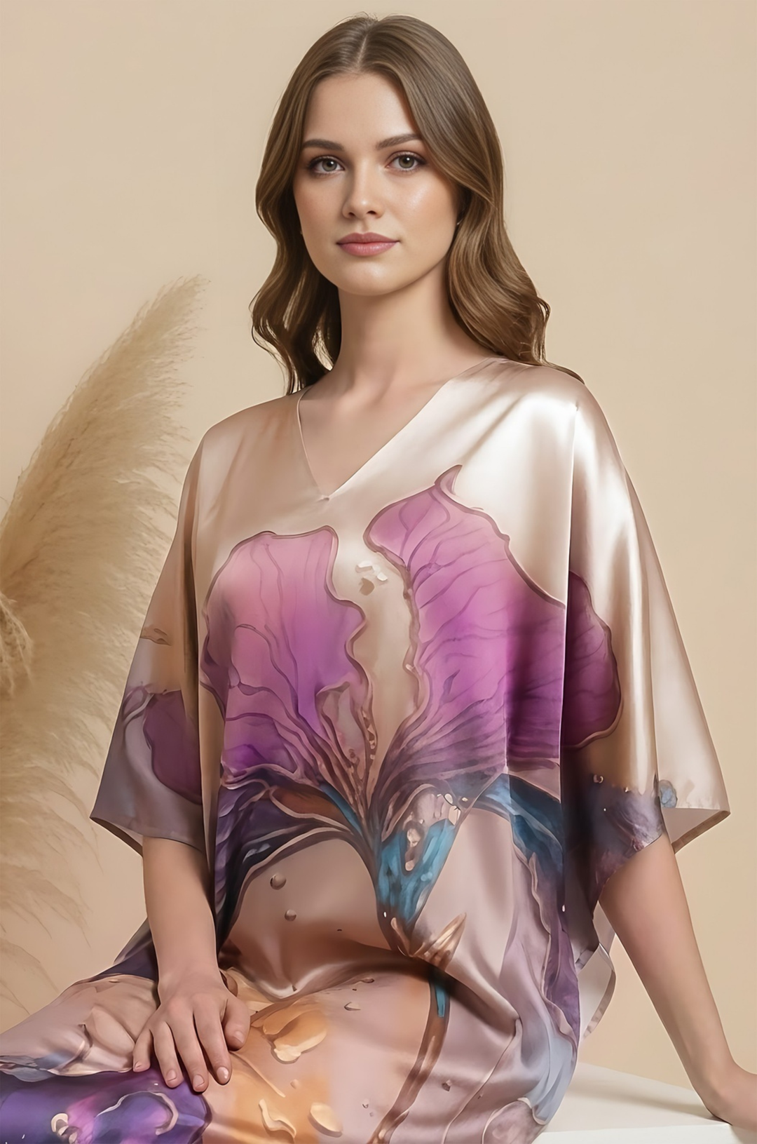 Violet Grace Soft Satin Women Kaftan Dress with Digital Print