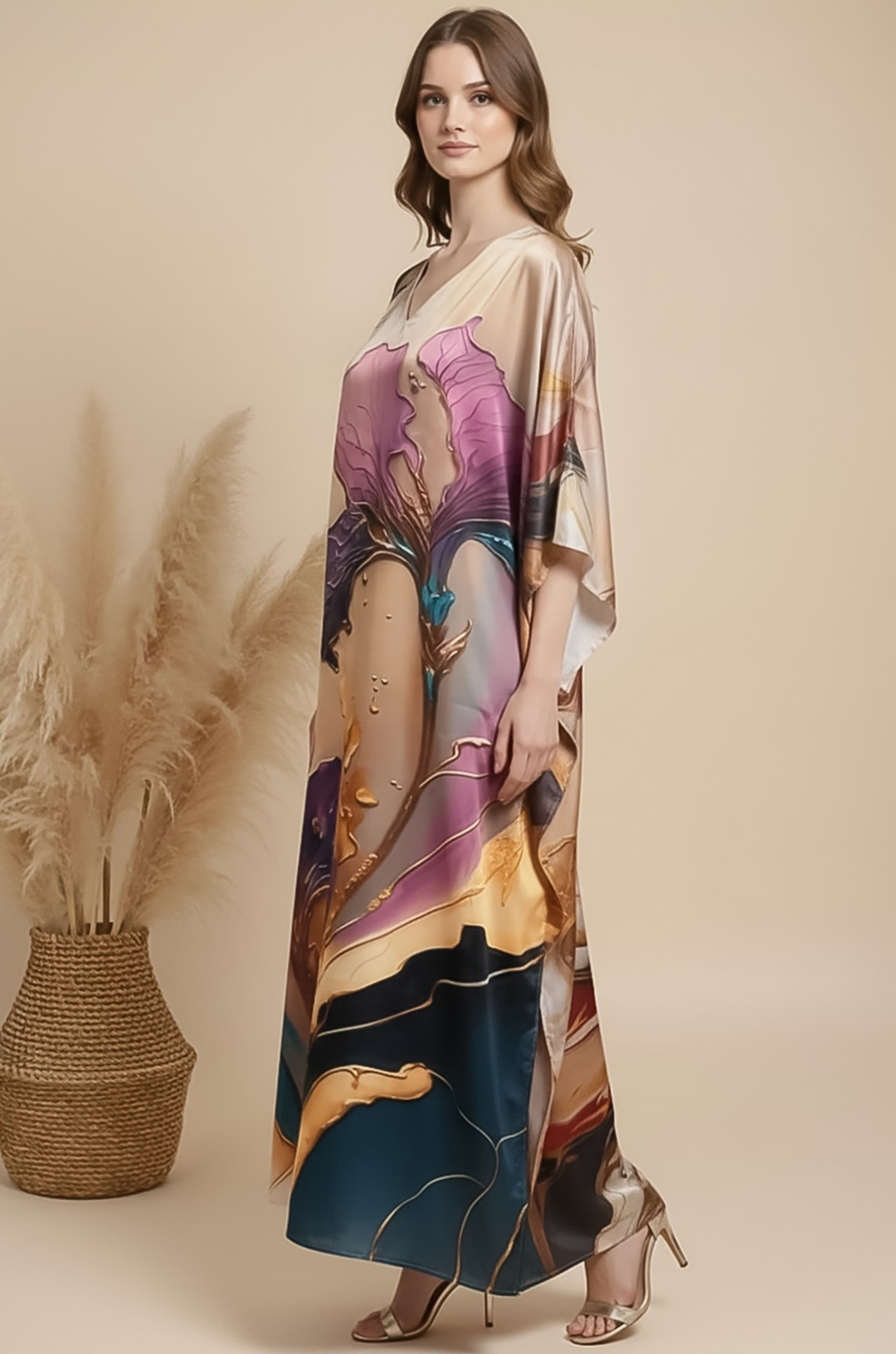 Violet Grace Soft Satin Women Kaftan Dress with Digital Print