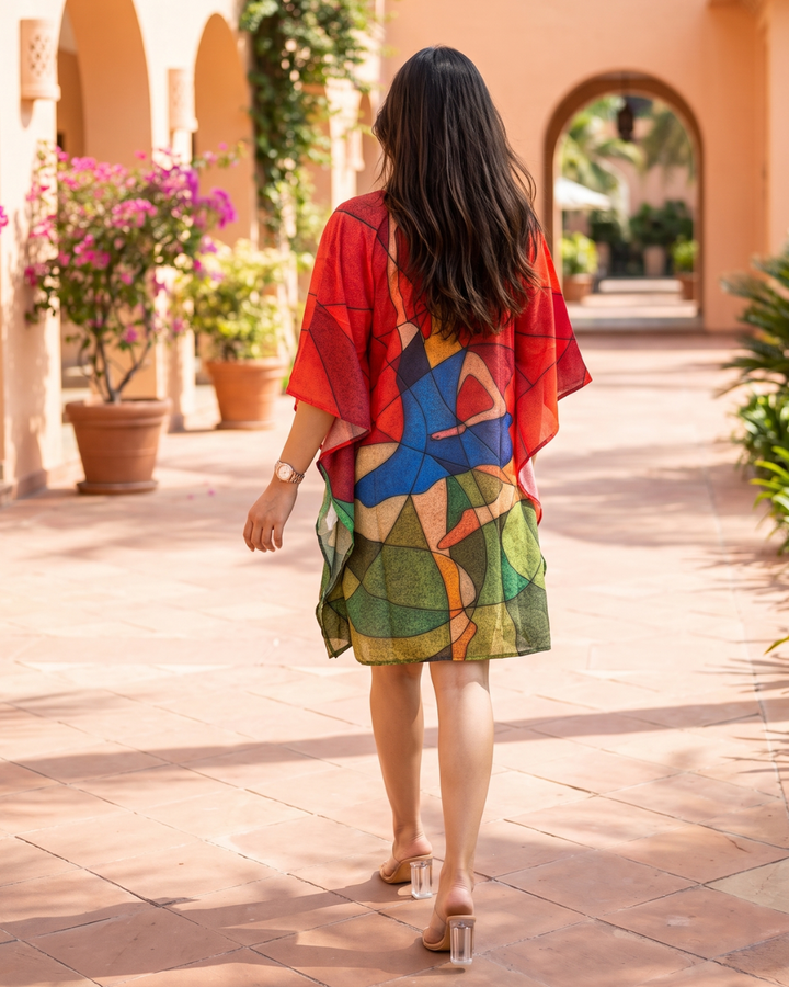 Scarlet Twirl Muslin Cotton Short Women Kaftan Dress with Digital Print