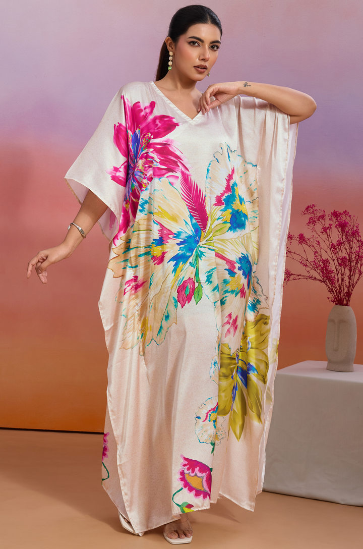 Flutterwave Soft Satin Women Kaftan Dress with Digital Print