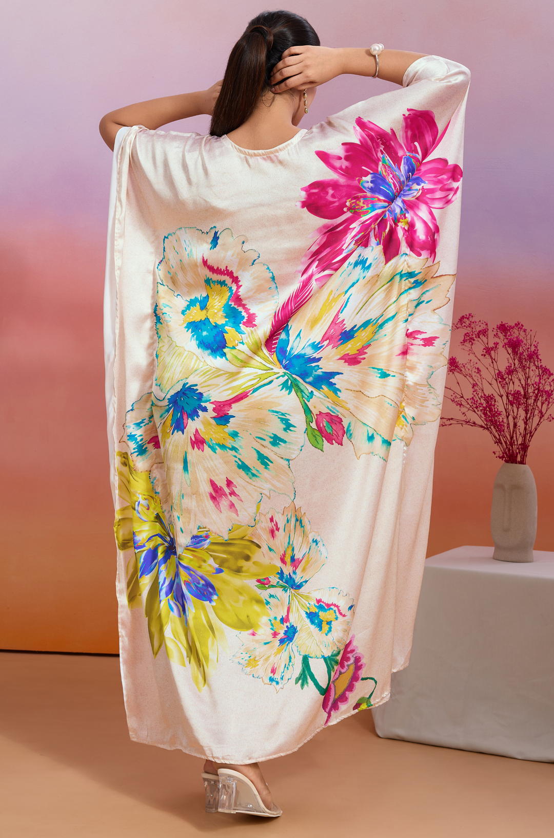Flutterwave Soft Satin Women Kaftan Dress with Digital Print