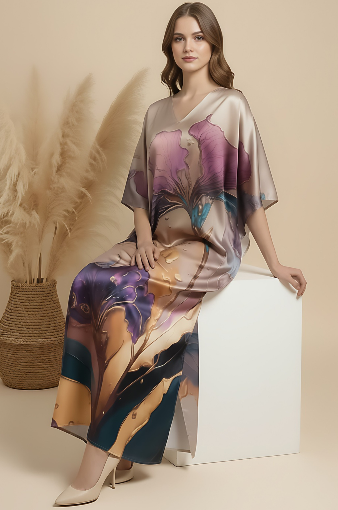Violet Grace Soft Satin Women Kaftan Dress with Digital Print